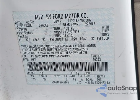 2009 Ford Escape Xlt из США, поврежденный, VIN 1FMCU03G99KA26992